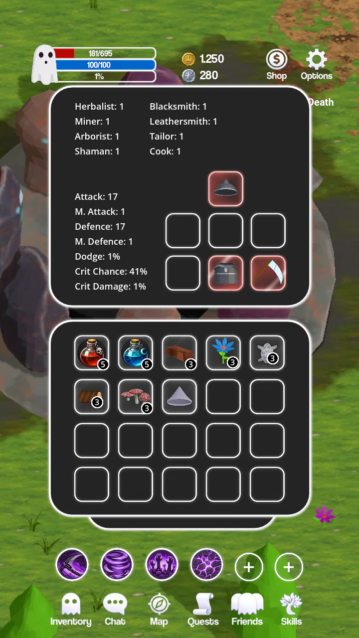 The inventory panel with worn gear, potions, ingots, flowers and furs